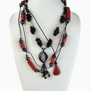 Beaded Artisan Necklaces Lot Of 3 Ceramic And Glass Stone Pendant Cord Boho Chic